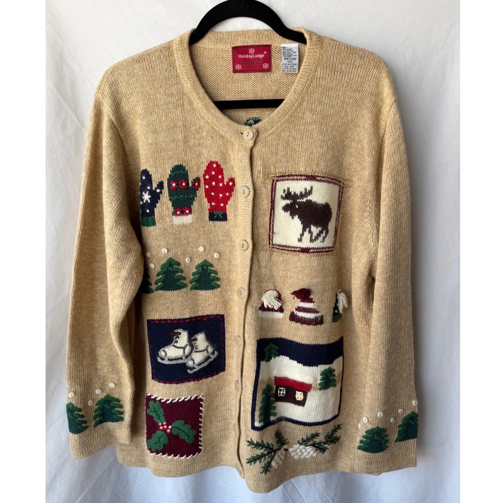 Holiday Lodge Cardigan Tan Grandma Patchwork Ugly Christmas Womens 18W 20W 2X
